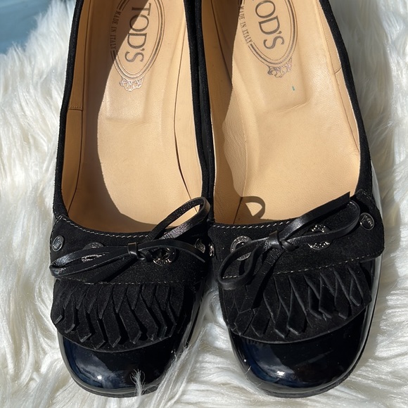 Tod’s Black Patent Leather/Suede Fringe Loafer Pumps Heels - Picture 9 of 16